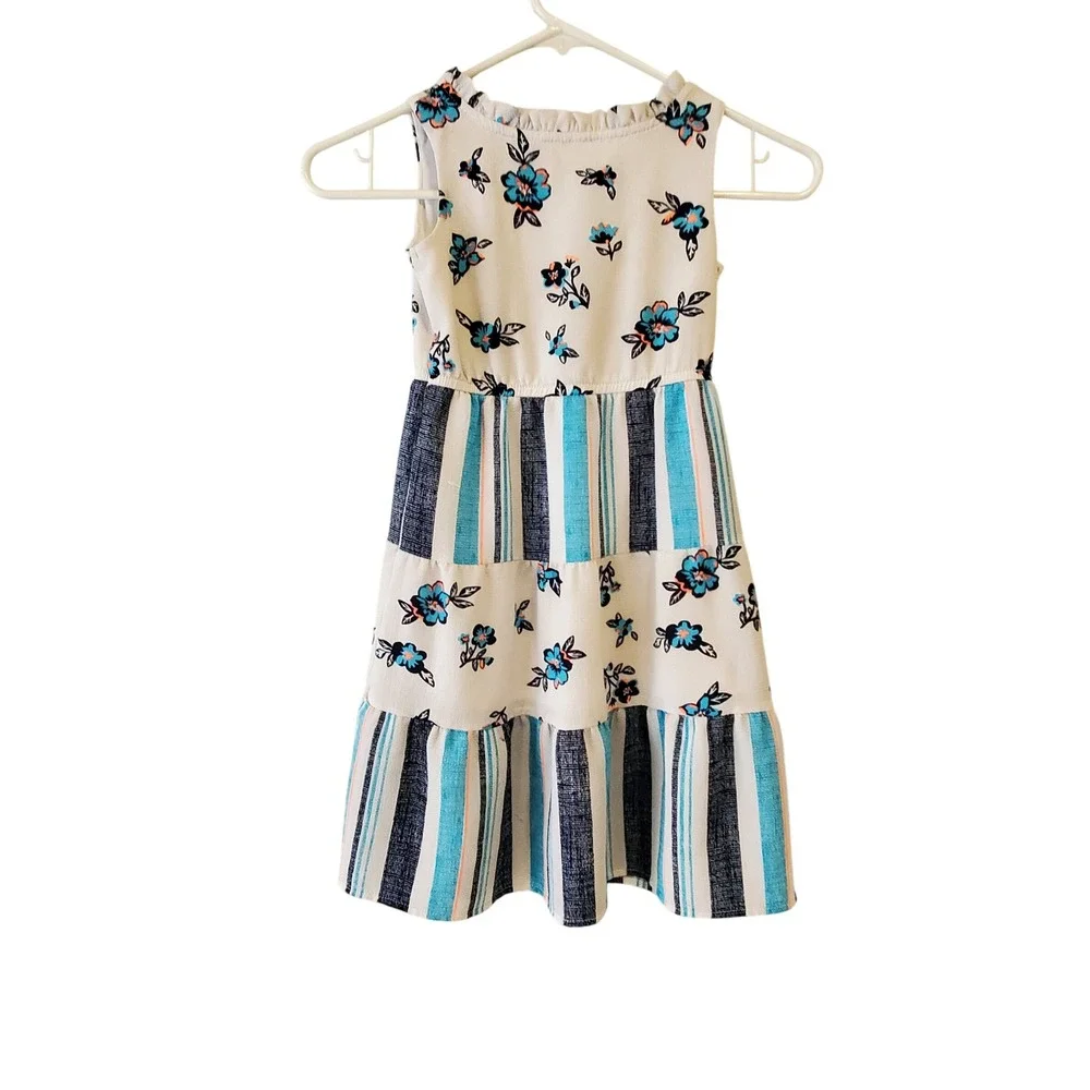 Wonder Nation Girls Floral Stripe Tiered Dress Blue White XS 4-5 Sleeveless
